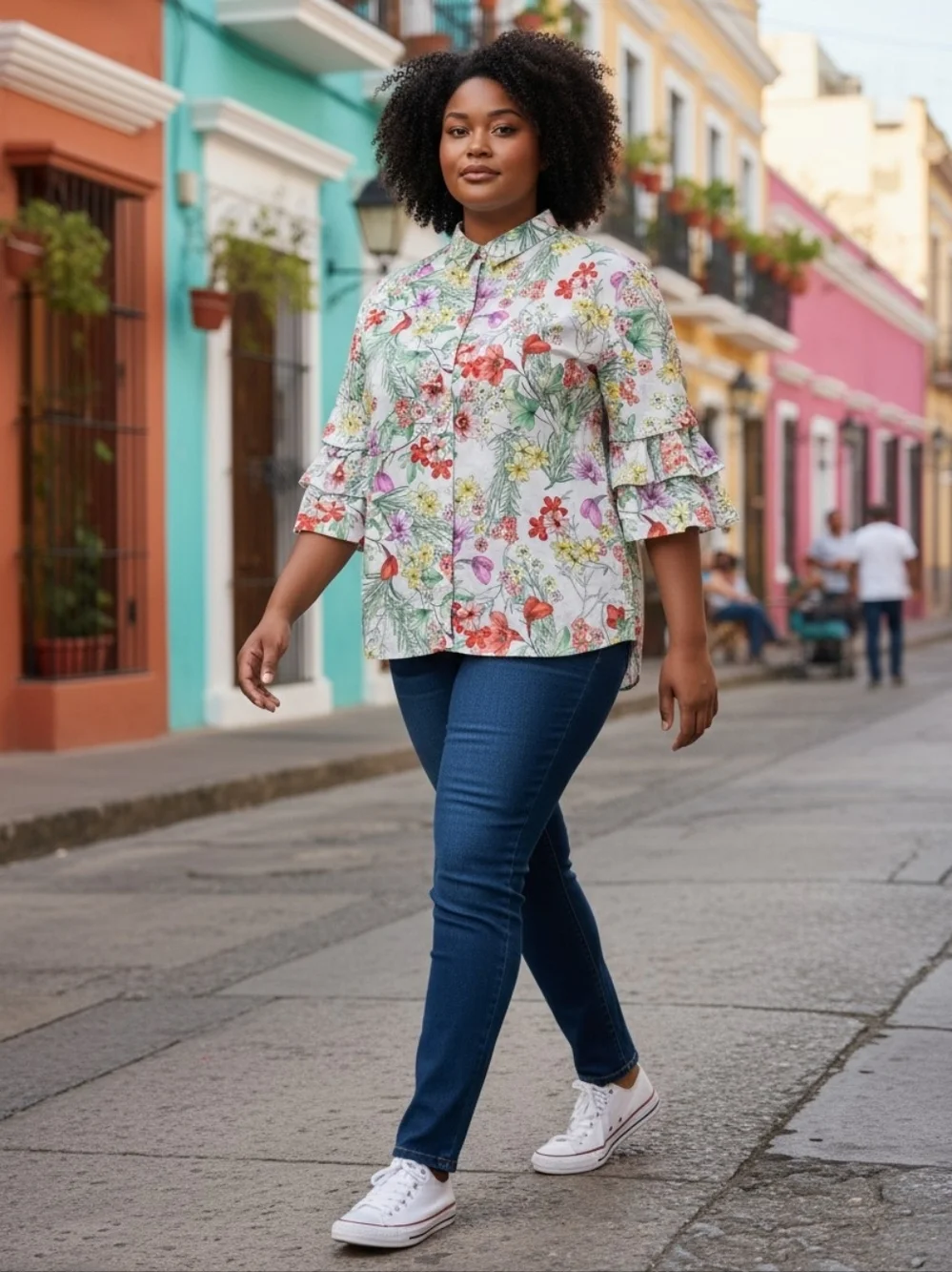 Zara Woman Colorful Botanical Print Blouse With Tiered Puff Sleeves Size Small